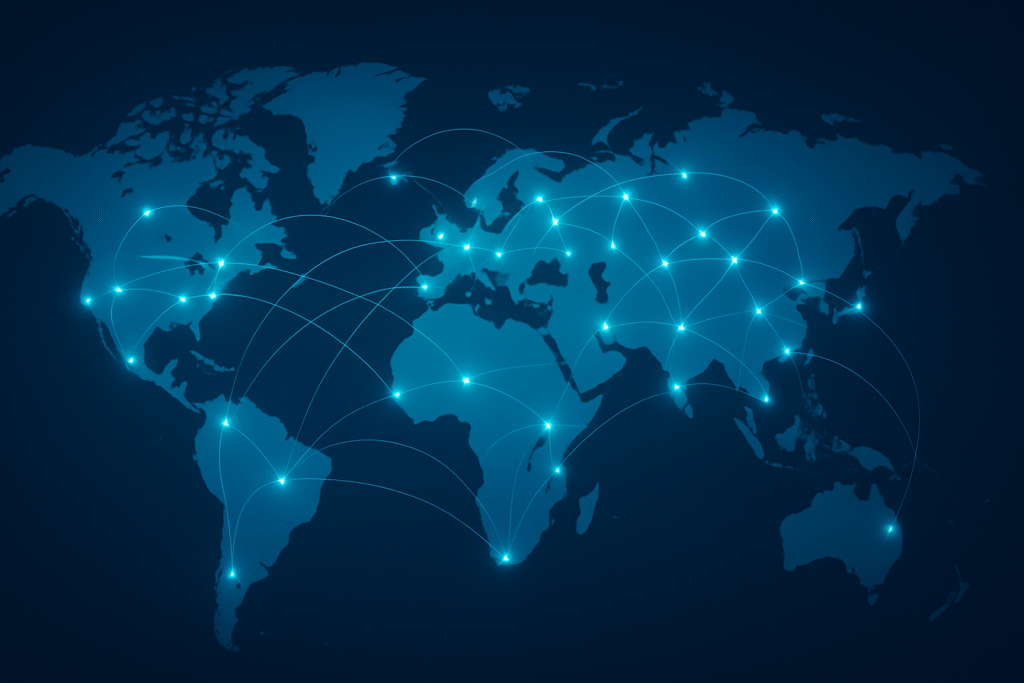 World map with glowing connection points and lines representing global logistics networks.